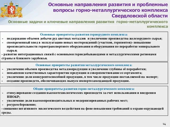 Основные задачи и ключевые направления развития горно-металлургического комплекса Основные направления