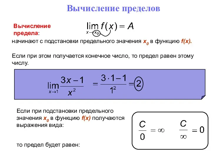 Вычисление пределов Вычисление предела: начинают с подстановки предельного значения x0