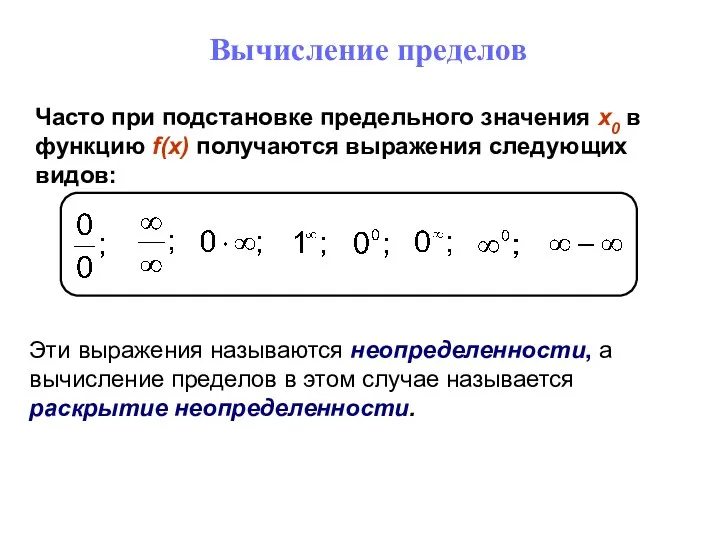 Вычисление пределов Часто при подстановке предельного значения x0 в функцию