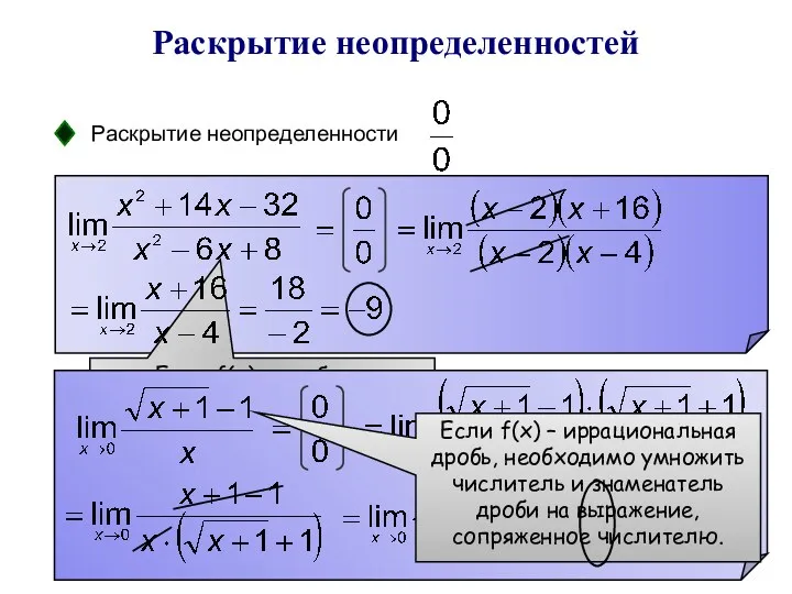 Раскрытие неопределенностей Раскрытие неопределенности Если f(x) – дробно – рациональная