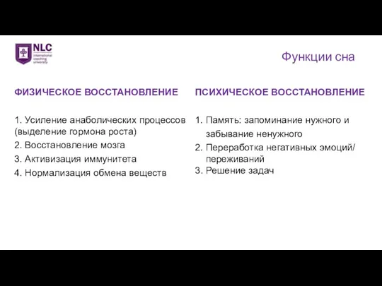 ФИЗИЧЕСКОЕ ВОССТАНОВЛЕНИЕ 1. Усиление анаболических процессов (выделение гормона роста) 2. Восстановление мозга 3.