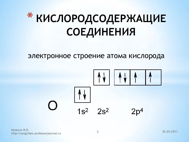 КИСЛОРОДСОДЕРЖАЩИЕ СОЕДИНЕНИЯ электронное строение атома кислорода 25.03.2011 Нижник Я.П. http://norgchem.professorjournal.ru