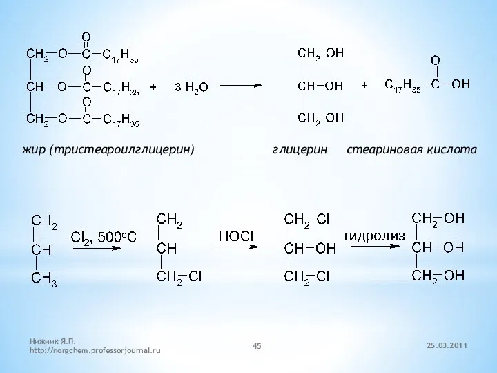 жир (тристеароилглицерин) глицерин стеариновая кислота 25.03.2011 Нижник Я.П. http://norgchem.professorjournal.ru
