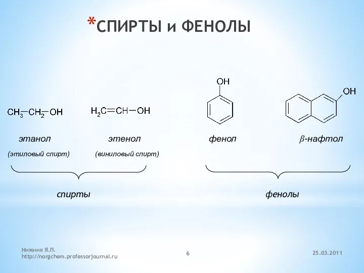 СПИРТЫ и ФЕНОЛЫ этанол этенол фенол β-нафтол (этиловый спирт) (виниловый