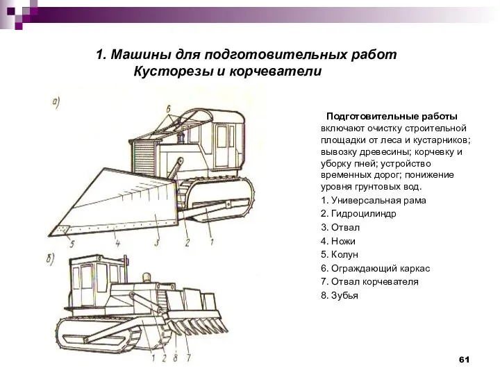 1. Машины для подготовительных работ Кусторезы и корчеватели Подготовительные работы