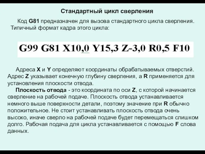 Стандартный цикл сверления Код G81 предназначен для вызова стандартного цикла