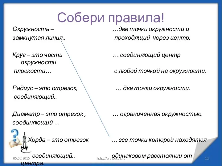 Собери правила! Окружность – …две точки окружности и замкнутая линия..