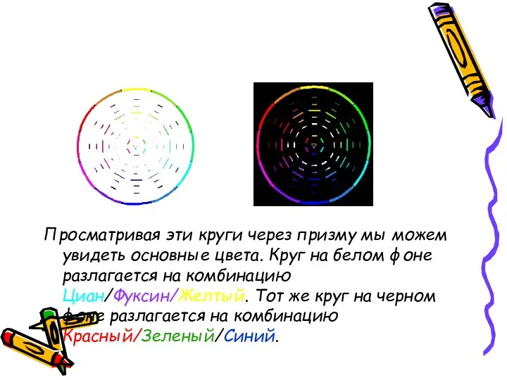 Просматривая эти круги через призму мы можем увидеть основные цвета. Круг на белом
