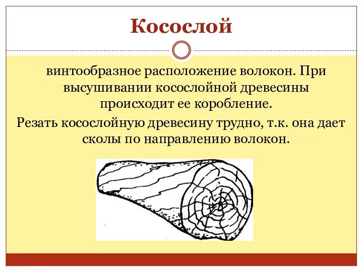 Косослой винтообразное расположение волокон. При высушивании косослойной древесины происходит ее