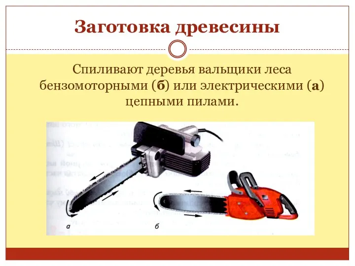 Спиливают деревья вальщики леса бензомоторными (б) или электрическими (а) цепными пилами. Заготовка древесины