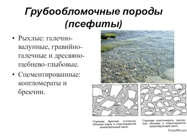 Грубообломочные породы (псефиты) Рыхлые: галечно-валунные, гравийно-галечные и дресвяно-щебнево-глыбовые. Сцементированные: конгломераты и брекчии.