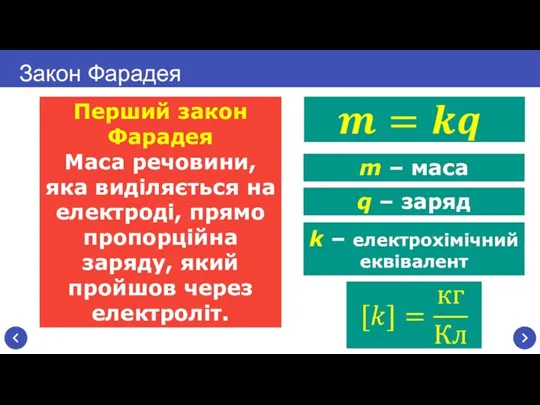 k – електрохімічний еквівалент Перший закон Фарадея Маса речовини, яка