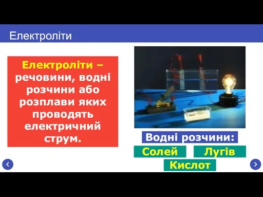 Електроліти – речовини, водні розчини або розплави яких проводять електричний