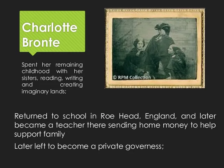 Charlotte Bronte Returned to school in Roe Head, England, and later became a