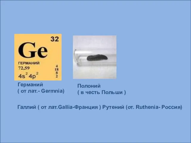 Географические объекты Германий ( от лат.- Germnia) Полоний ( в