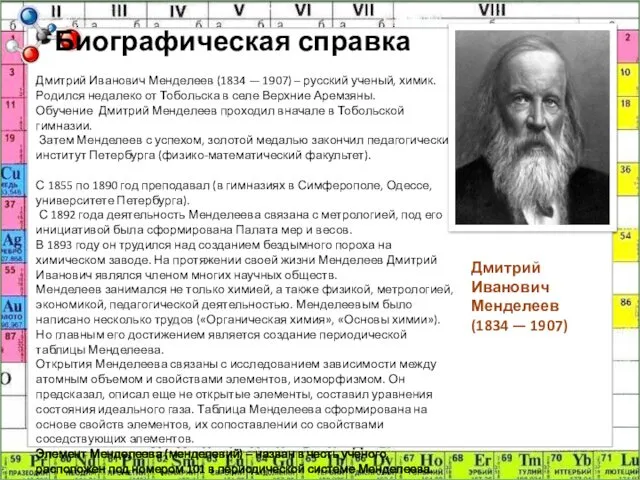 Биографическая справка Дмитрий Иванович Менделеев (1834 — 1907) – русский