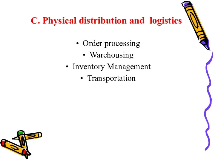 C. Physical distribution and logistics Order processing Warehousing Inventory Management Transportation