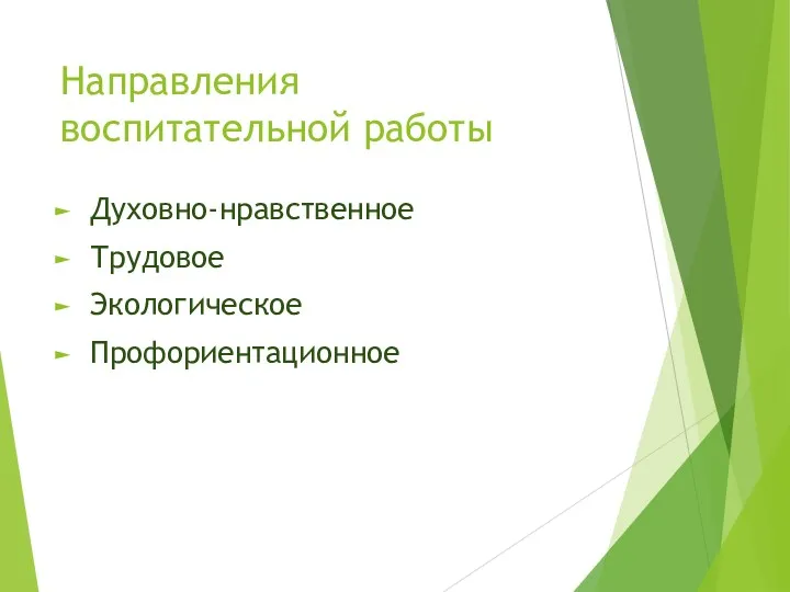 Направления воспитательной работы Духовно-нравственное Трудовое Экологическое Профориентационное