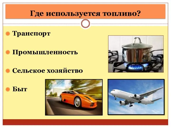 Где используется топливо? Транспорт Промышленность Сельское хозяйство Быт