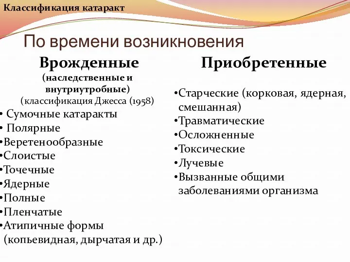 По времени возникновения Врожденные (наследственные и внутриутробные) (классификация Джесса (1958)