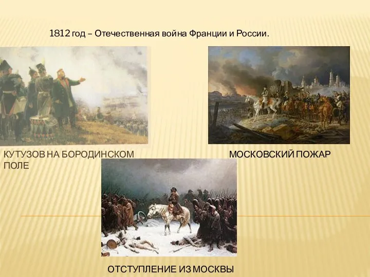 КУТУЗОВ НА БОРОДИНСКОМ ПОЛЕ 1812 год – Отечественная война Франции и России. МОСКОВСКИЙ