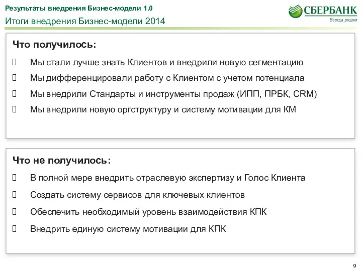 Итоги внедрения Бизнес-модели 2014 Что получилось: Мы стали лучше знать