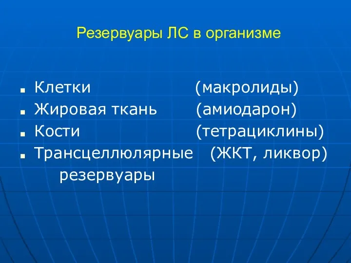 Резервуары ЛС в организме Клетки (макролиды) Жировая ткань (амиодарон) Кости (тетрациклины) Трансцеллюлярные (ЖКТ, ликвор) резервуары