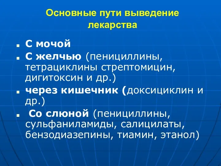 Основные пути выведение лекарства С мочой С желчью (пенициллины, тетрациклины