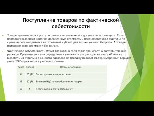 Поступление товаров по фактической себестоимости Товары принимаются к учету по