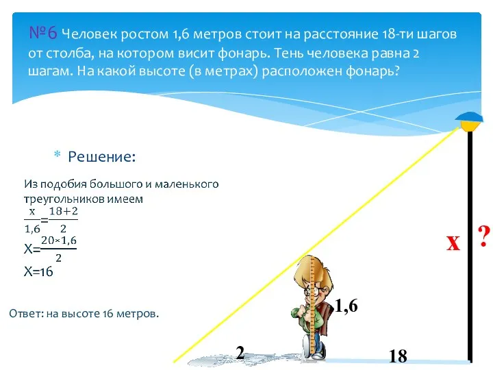 Решение: №6 Человек ростом 1,6 метров стоит на расстояние 18-ти