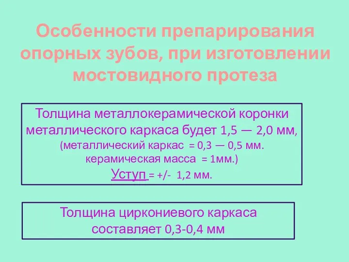 Особенности препарирования опорных зубов, при изготовлении мостовидного протеза Толщина циркониевого