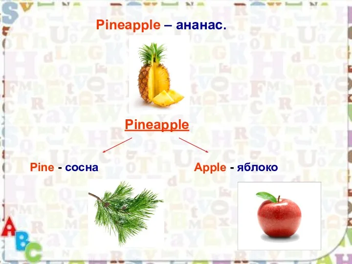 Pineapple – ананас. Pineapple Pine - сосна Apple - яблоко