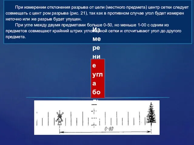 При измерении отклонения разрыва от цели (местного предмета) центр сетки