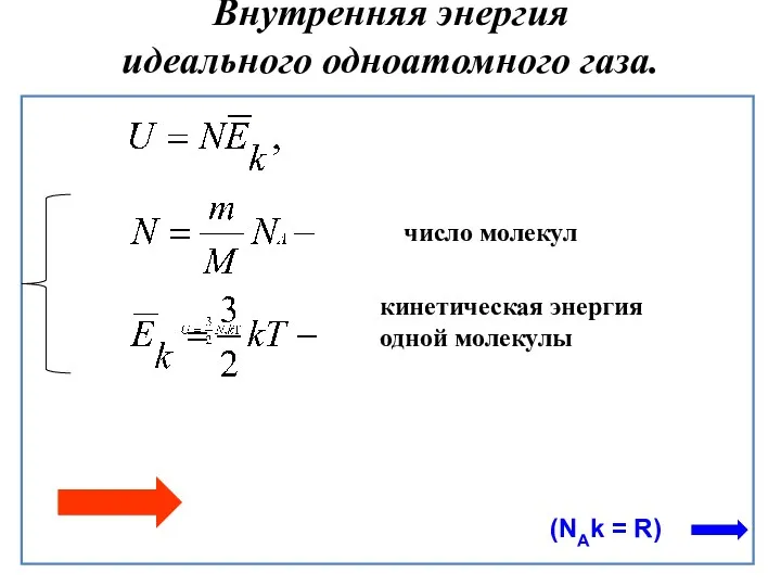 Внутренняя энергия идеального одноатомного газа. число молекул кинетическая энергия одной молекулы (NAk = R)