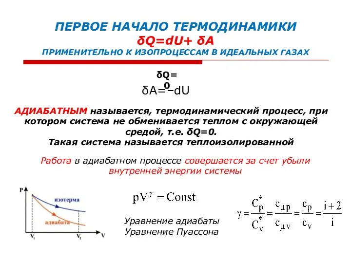 ПЕРВОЕ НАЧАЛО ТЕРМОДИНАМИКИ δQ=dU+ δA ПРИМЕНИТЕЛЬНО К ИЗОПРОЦЕССАМ В ИДЕАЛЬНЫХ