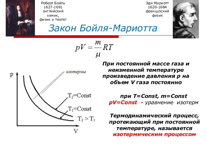 Закон Бойля-Мариотта Роберт Бойль 1627-1691 английский химик, физик и теолог