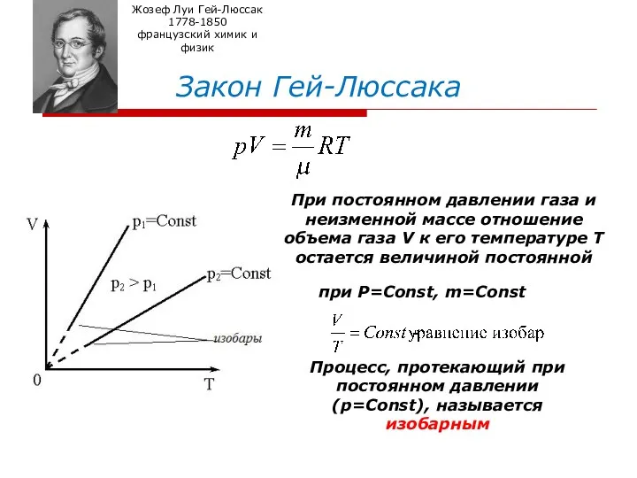 Закон Гей-Люссака Жозеф Луи Гей-Люссак 1778-1850 французский химик и физик