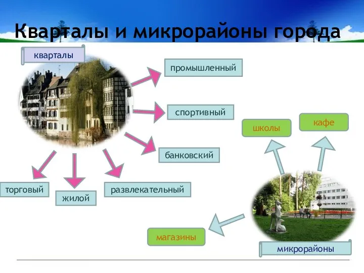 Кварталы и микрорайоны города торговый жилой развлекательный банковский спортивный промышленный кварталы микрорайоны кафе школы магазины