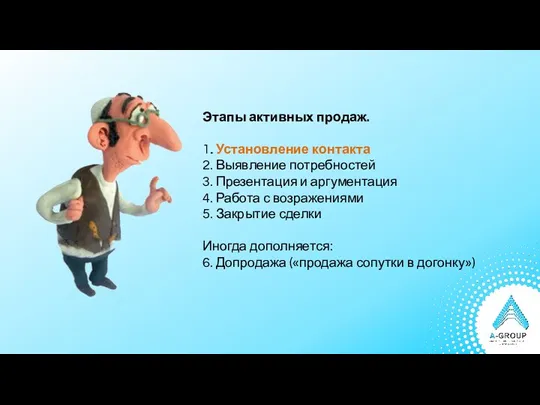 Этапы активных продаж. 1. Установление контакта 2. Выявление потребностей 3.