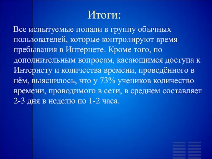 Итоги: Все испытуемые попали в группу обычных пользователей, которые контролируют