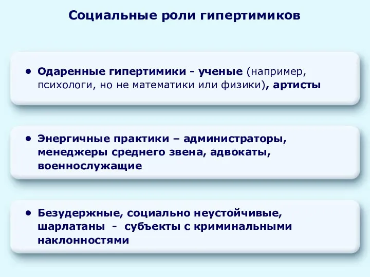 Одаренные гипертимики - ученые (например, психологи, но не математики или физики), артисты Социальные