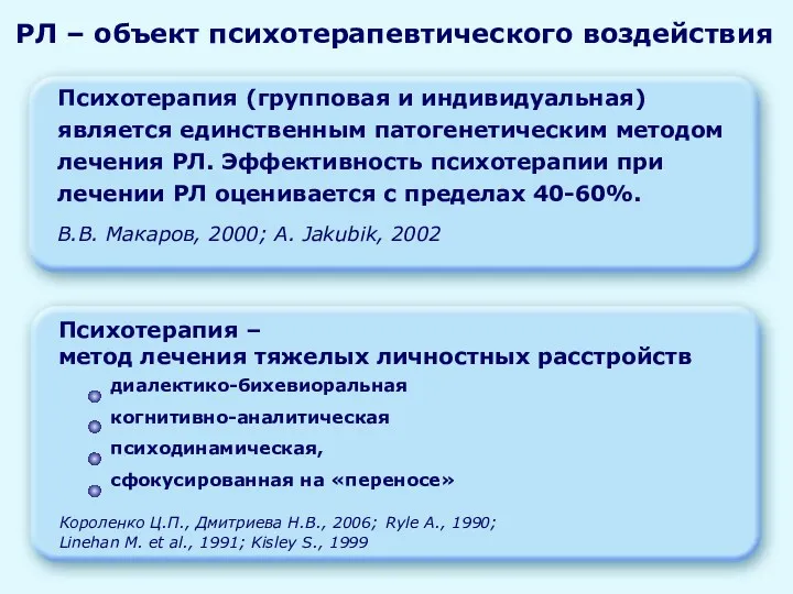 РЛ – объект психотерапевтического воздействия Психотерапия (групповая и индивидуальная) является единственным патогенетическим методом