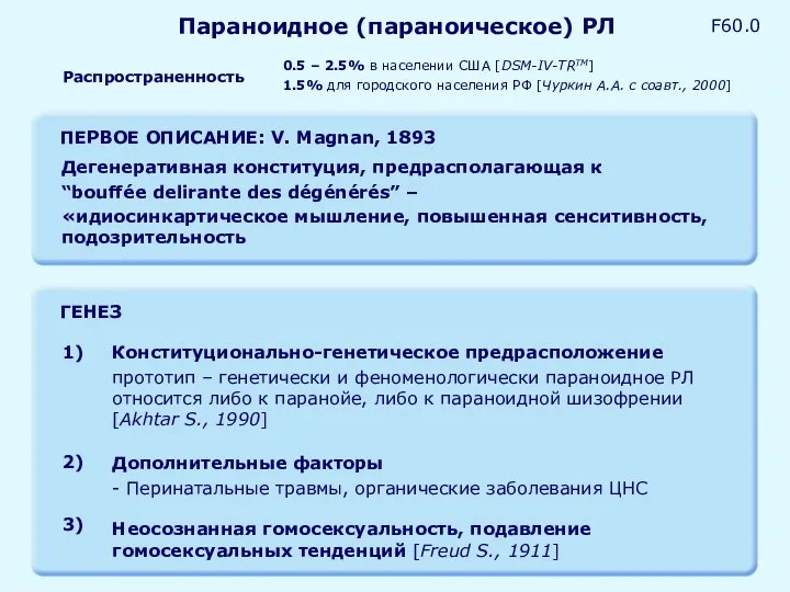 Параноидное (параноическое) РЛ ПЕРВОЕ ОПИСАНИЕ: V. Magnan, 1893 Дегенеративная конституция, предрасполагающая к “bouffée