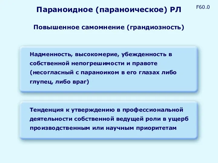 Параноидное (параноическое) РЛ Надменность, высокомерие, убежденность в собственной непогрешимости и правоте (несогласный с