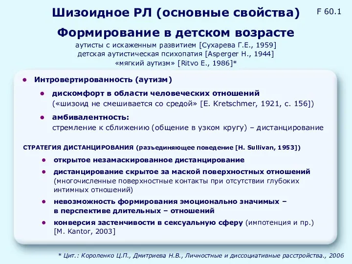 Шизоидное РЛ (основные свойства) * Цит.: Короленко Ц.П., Дмитриева Н.В., Личностные и диссоциативные