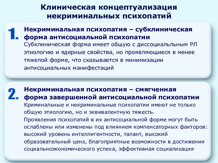 Клиническая концептуализация некриминальных психопатий Некриминальная психопатия – субклиническая форма антисоциальной психопатии Субклиническая форма