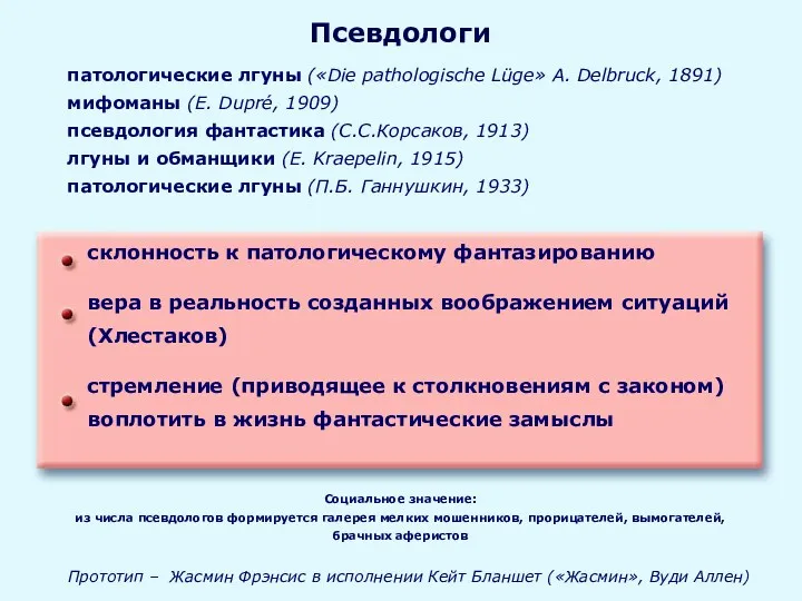 патологические лгуны («Die pathologische Lüge» A. Delbruck, 1891) мифоманы (E. Dupré, 1909) псевдология