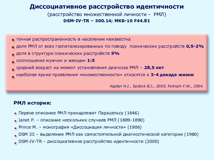 Диссоциативное расстройство идентичности (расстройство множественной личности - РМЛ) DSM-IV-TR –