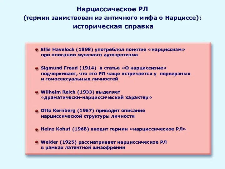 Нарциссическое РЛ (термин заимствован из античного мифа о Нарциссе): историческая справка Ellis Havelock