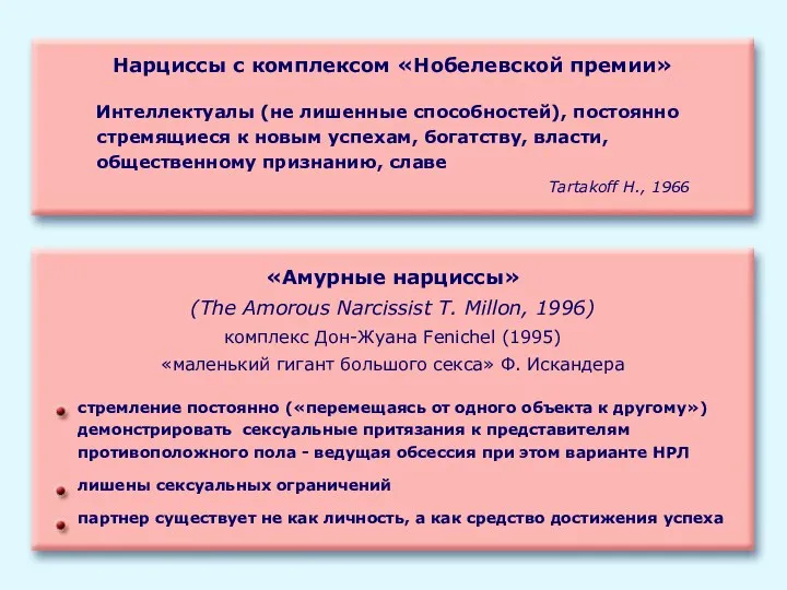 Нарциссы с комплексом «Нобелевской премии» Интеллектуалы (не лишенные способностей), постоянно стремящиеся к новым